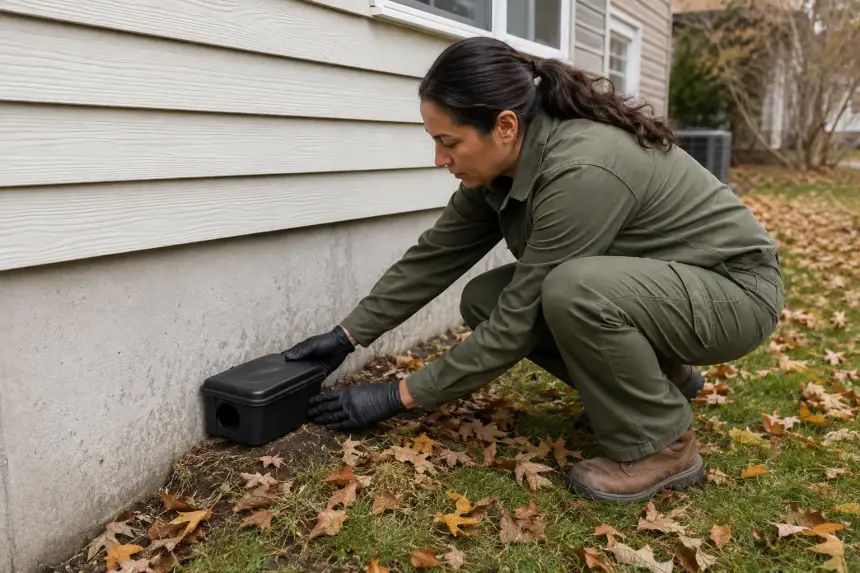 A pest control technician working outside a home